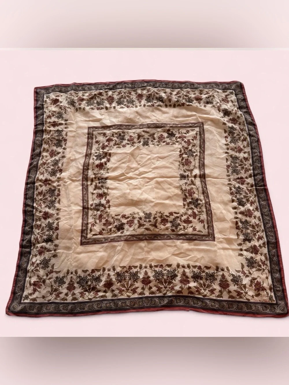 Oscar de la Renta Vintage Silk Floral Square Scarf 30x30 Brown/Tan